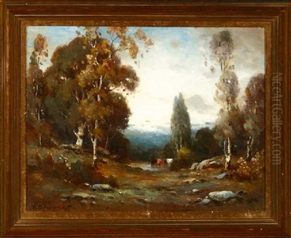 Cattle Watering In A Wooded Landscape Oil Painting by Alexis Matthew Podchernikoff