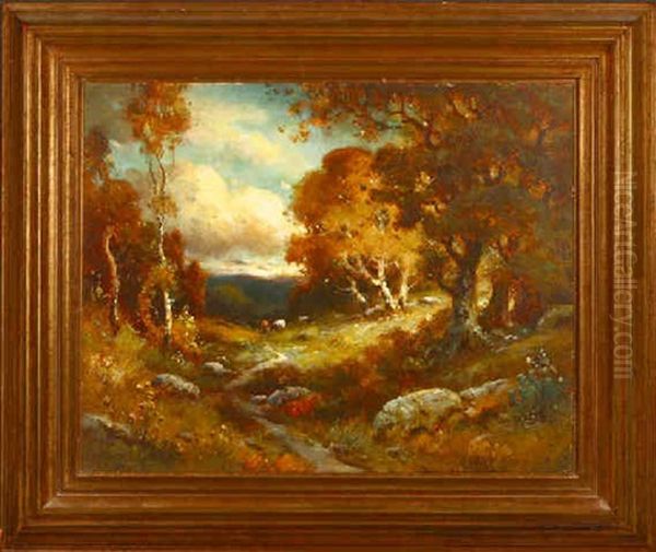 Cattle Watering In Wooded Landscape Oil Painting by Alexis Matthew Podchernikoff