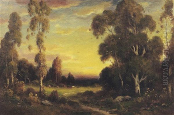 Pasture At Sunset Oil Painting by Alexis Matthew Podchernikoff