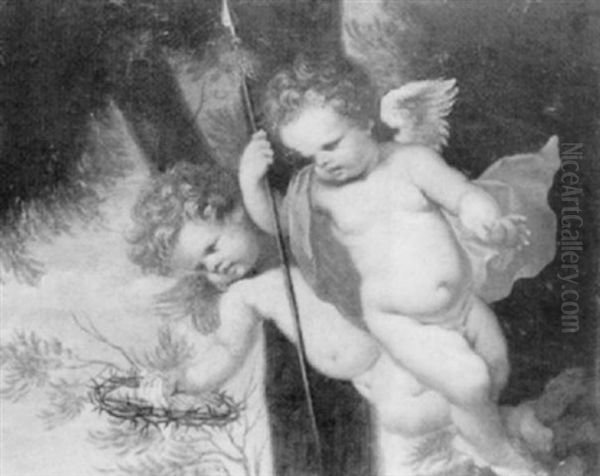 Two Flying Cherubs Holding The Crown Of Thorns And The Spear Of Longinus Oil Painting by Giovanni Andrea Podesta