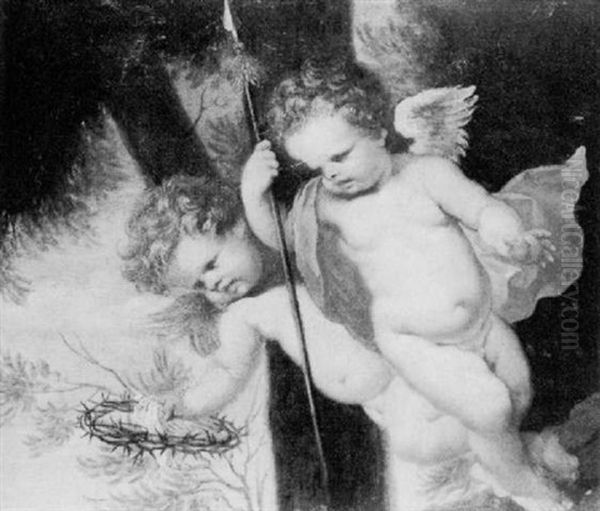 Two Flying Cherubs Holding The Crown Of Thorns And The Spear Of Longinus Oil Painting by Giovanni Andrea Podesta