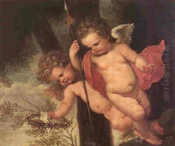 Two Flying Cherubs Holding The Crown Of Thorns And The Spear Of Longinus Oil Painting by Giovanni Andrea Podesta