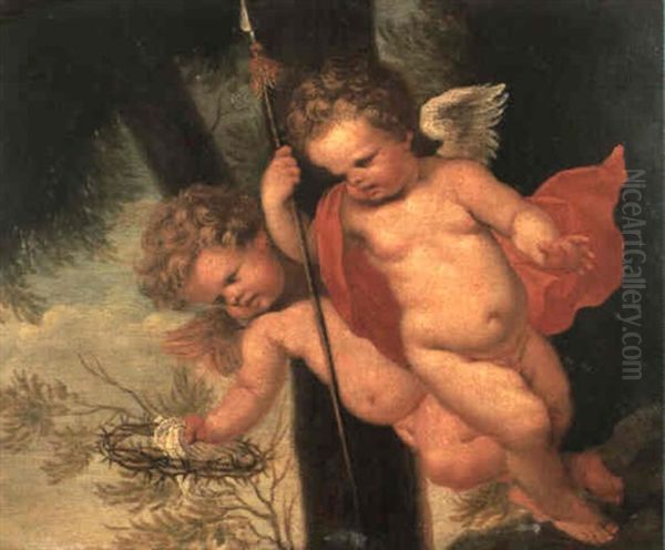 Two Flying Cherubs Holding The Crown Of Thorns And The Spear Of Longinus Oil Painting by Giovanni Andrea Podesta