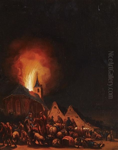 Nocturnal Scene With A Burning Church Oil Painting by Adriaen Lievensz van der Poel