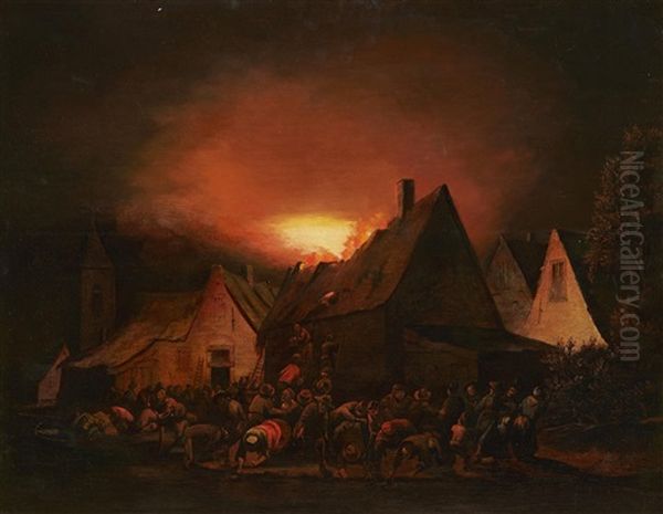 Fire By Night Oil Painting by Adriaen Lievensz van der Poel