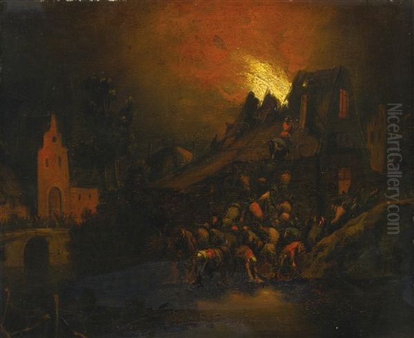 A Nighttime Scene Of Attack Oil Painting by Adriaen Lievensz van der Poel