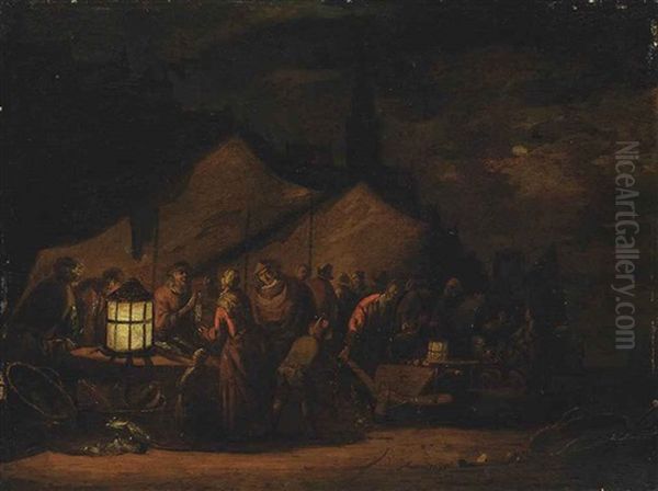 A Fishmarket On A Quay Side Oil Painting by Adriaen Lievensz van der Poel