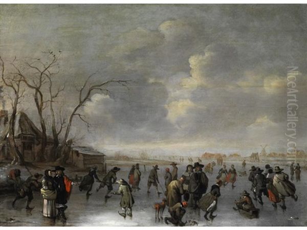 Winterlandschaft Mit Schlittschuhlaufern Und Eisschlitten Auf Gefrorenem Fluss Oil Painting by Adriaen Lievensz van der Poel