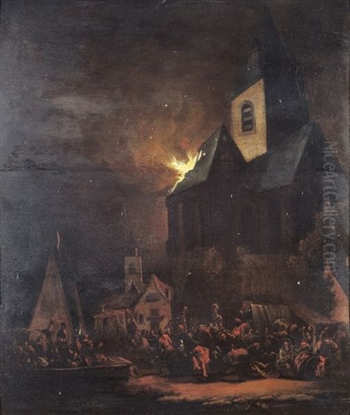 Nachtelijke Brand In Een Door Soldaten Bezette Stad Oil Painting by Adriaen Lievensz van der Poel