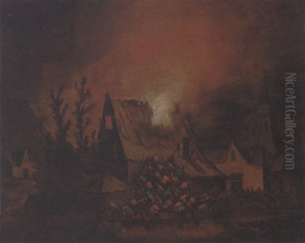 A Village On Fire At Night Oil Painting by Adriaen Lievensz van der Poel