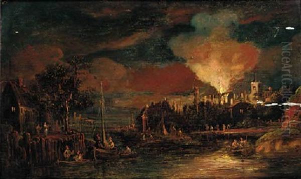 A Harbour At Night With A Fire Burning In A Town Beyond Oil Painting by Adriaen Lievensz van der Poel