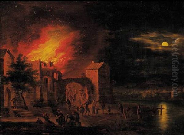 A Town On Fire At Night Oil Painting by Adriaen Lievensz van der Poel