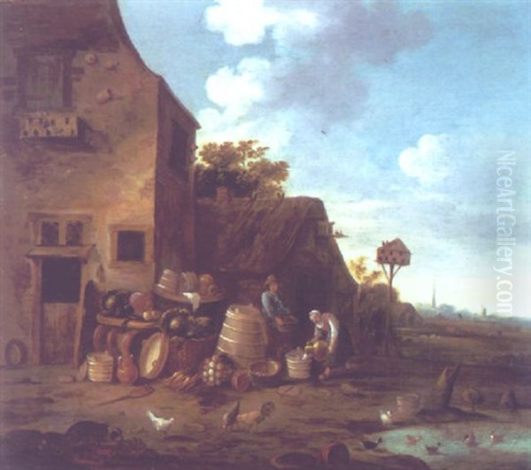 A Kitchen Maid And A Peasant Outside A Cottage Beside Various Kitchen Utensils, A Distant Town Beyond Oil Painting by Adriaen Lievensz van der Poel