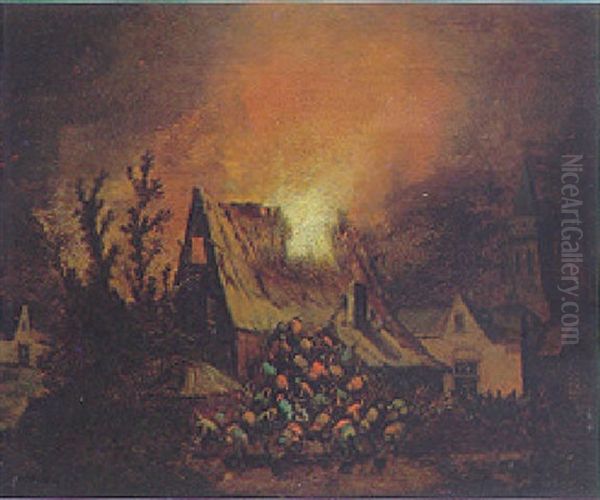 A Village Landscape At Night With Numerous Figures Attempting To Pour Water From A River On To A Burning Cottage Oil Painting by Adriaen Lievensz van der Poel