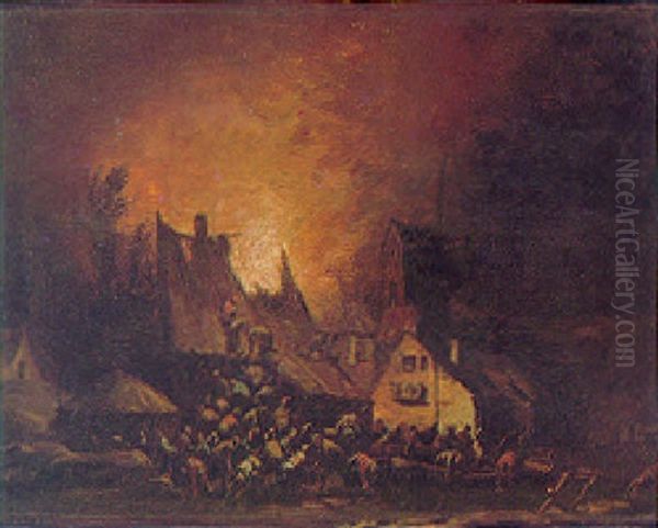 A Village At Night With Numerous Figures Fleeing From A Burning House Oil Painting by Adriaen Lievensz van der Poel