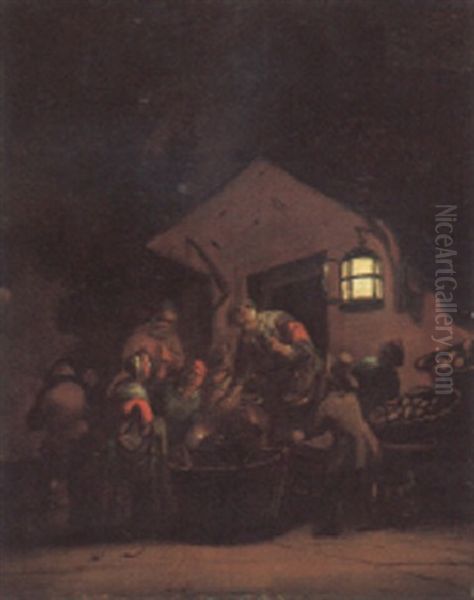 Peasants Gathered Around A Basket By Moonlight Oil Painting by Adriaen Lievensz van der Poel