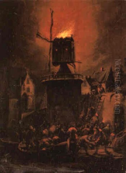 A Village Scene At Night With Figures Surrounding A Burning Windmill Oil Painting by Adriaen Lievensz van der Poel