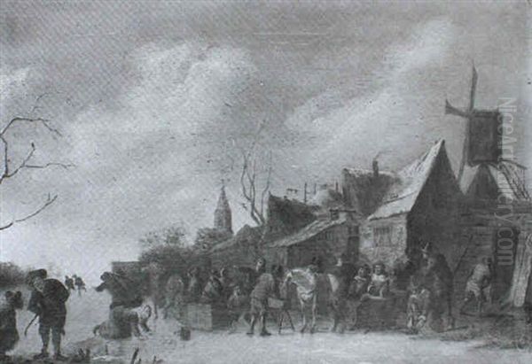 Figures Gathered Before An Inn On A Frozen River Oil Painting by Adriaen Lievensz van der Poel