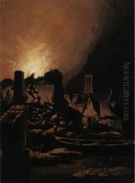 Townsmen Extinguishing A Raging Fire Oil Painting by Adriaen Lievensz van der Poel