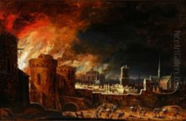 A Town In Flames Oil Painting by Egbert Lievensz van der Poel