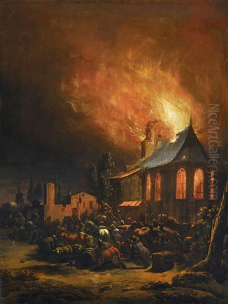 Plundering In A Burning Village Oil Painting by Egbert Lievensz van der Poel