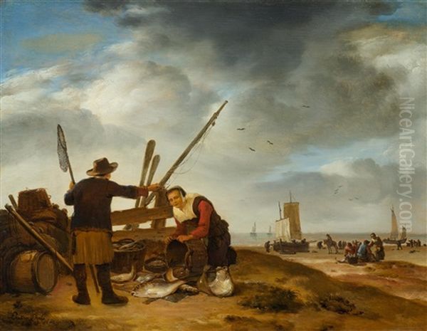 Eine Fischverkauferin Am Strand Von Scheveningen Oil Painting by Egbert Lievensz van der Poel