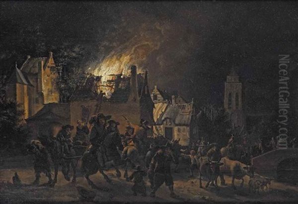 A Village By Night With A House Burning In A Town Oil Painting by Egbert Lievensz van der Poel