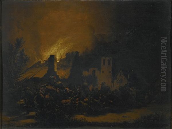 A Fire In A Village At Night by Egbert Lievensz van der Poel