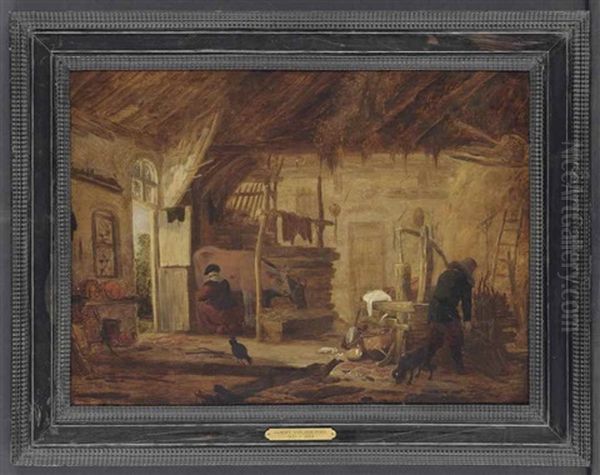 A Barn Interior With A Maid Milking Cattle, And A Peasant Oil Painting by Egbert Lievensz van der Poel