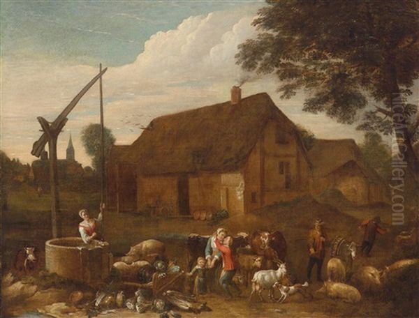 In A Farmyard Oil Painting by Egbert Lievensz van der Poel