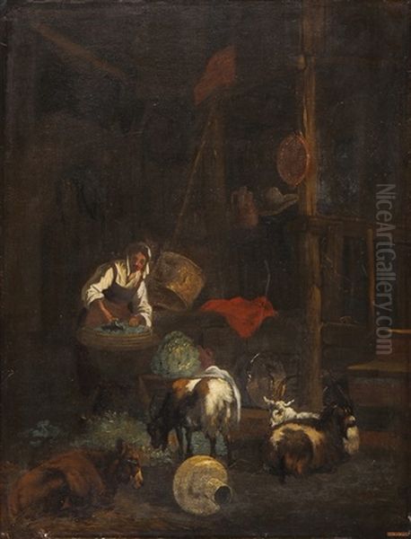 Stallinneres Mit Frau Beim Kohlschneiden by Egbert Lievensz van der Poel