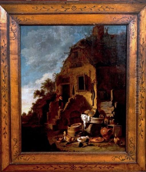 Nature Morte D'instruments De Cuisine Devant L'entree D'une Maison Oil Painting by Egbert Lievensz van der Poel