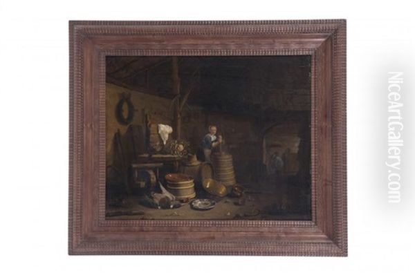 Le Barattage Du Beurre Dans Un Interieur De Cuisine Oil Painting by Egbert Lievensz van der Poel