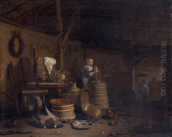 Le Barattage Du Beurre Dans Un Interieur De Cuisine Oil Painting by Egbert Lievensz van der Poel