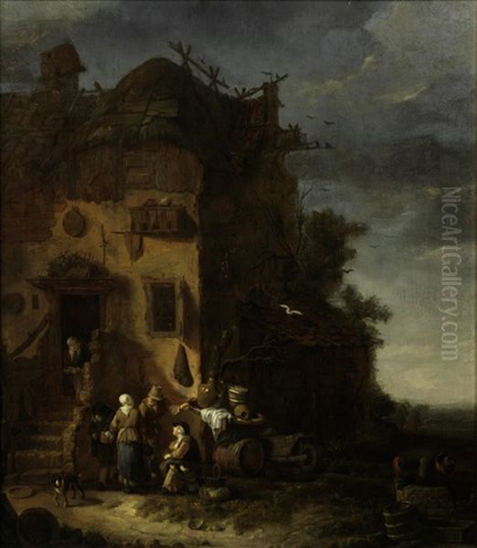 A Peasant Family Before A Farmhouse Oil Painting by Egbert Lievensz van der Poel