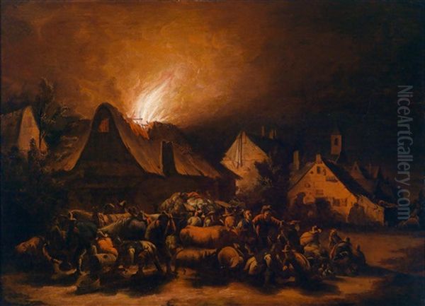 Nachtliche Feuersbrunst In Einem Dorf Oil Painting by Egbert Lievensz van der Poel