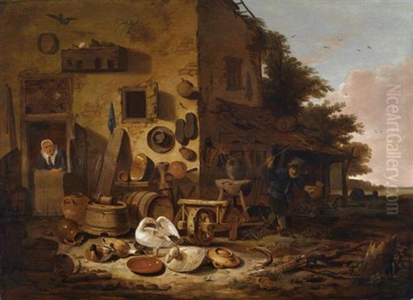 Canards Devant Une Taverne Oil Painting by Egbert Lievensz van der Poel