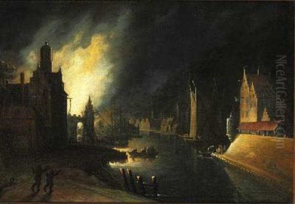 A Fire Near A Canal In The Middle Of The Night Oil Painting by Egbert Lievensz van der Poel