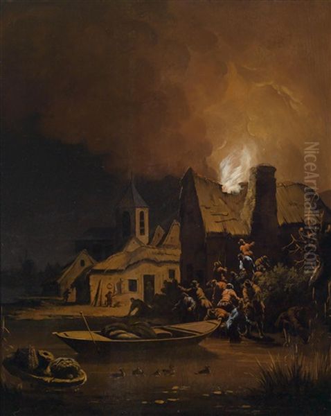 Ein Brennendes Haus, Unten Rechts Reste Eines Monogramms Oil Painting by Egbert Lievensz van der Poel