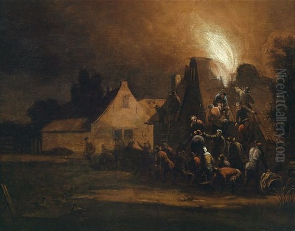 Ein Brennendes Haus In Einer Nachtlichen Stadt Oil Painting by Egbert Lievensz van der Poel