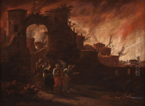 Lot Und Seine Tochter Fliehen Aus Dem Brennenden Sodom Oil Painting by Egbert Lievensz van der Poel