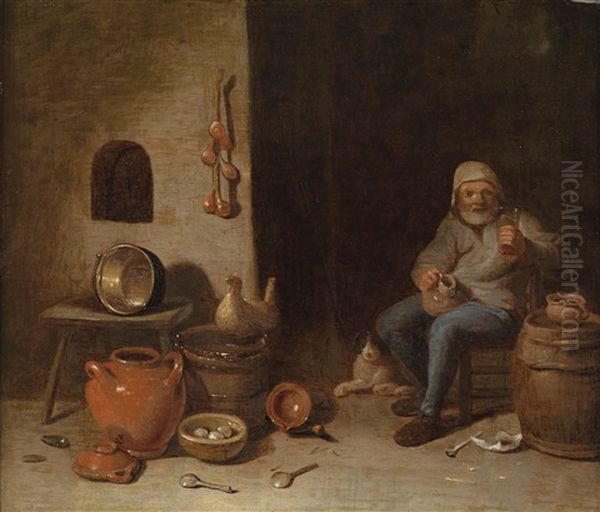 Bauerliches Interieur Mit Einem Trinkenden Mann Oil Painting by Egbert Lievensz van der Poel