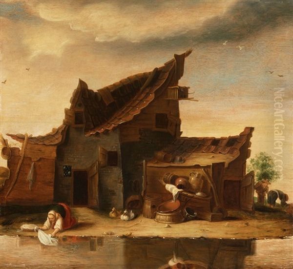 Bauernhutte Mit Angebautem Stall Vor Stillem Gewasser Oil Painting by Egbert Lievensz van der Poel