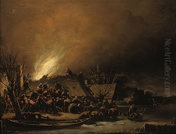 A Fire In A Village At Night Oil Painting by Egbert Lievensz van der Poel