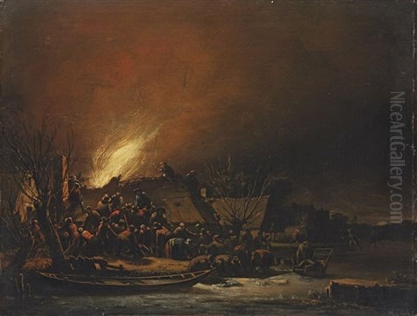 A Fire In A Village At Night Oil Painting by Egbert Lievensz van der Poel