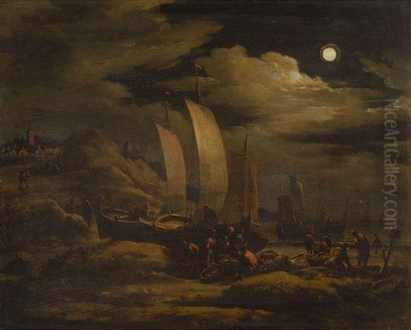 Fischer Am Nachtlichen Strand Oil Painting by Egbert Lievensz van der Poel