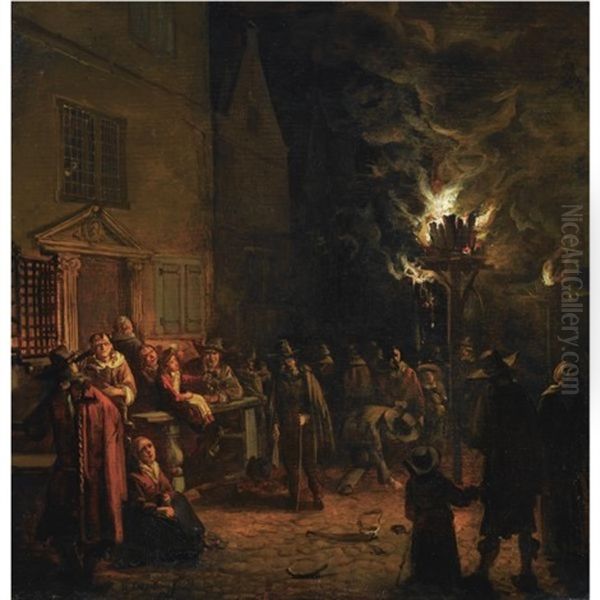 A Nocturnal Village Scene On The Oude Delft, With Numerous Figures Gathered Around A Burning Tar-barrel by Egbert Lievensz van der Poel