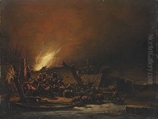 A Fire In A Village At Night Oil Painting by Egbert Lievensz van der Poel