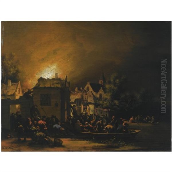 A Fire In A Village At Night With Villagers Trying To Extinguish It Oil Painting by Egbert Lievensz van der Poel