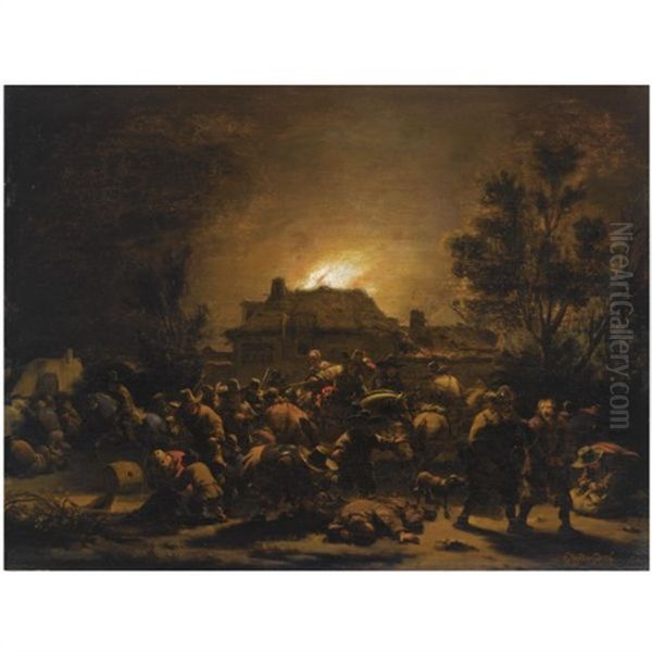 A Fire In A Village At Night, With Looting Soldiers In The Foreground Oil Painting by Egbert Lievensz van der Poel